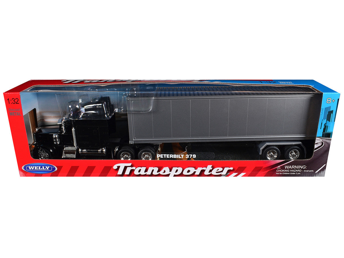 Peterbilt 379 Truck Black with Silver Container "Transporter" Series 1/32 Diecast Model by Welly-1