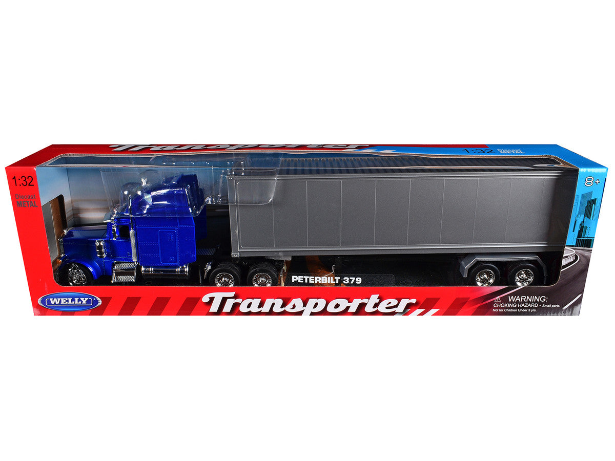 Peterbilt 379 Truck Blue Metallic with Silver Container "Transporter" Series 1/32 Diecast Model by Welly-1