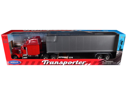 Peterbilt 379 Truck Red with Silver Container "Transporter" Series 1/32 Diecast Model by Welly-0