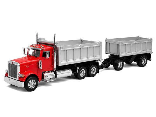 Peterbilt 379 Dump Truck Red with Gray Double Dump Trailer "Transporter" Series 1/32 Diecast Model by Welly-0