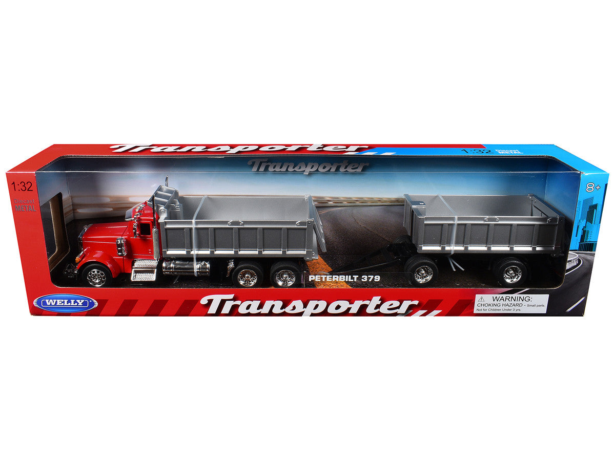 Peterbilt 379 Dump Truck Red with Gray Double Dump Trailer "Transporter" Series 1/32 Diecast Model by Welly-1