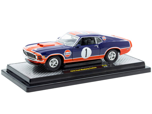 1970 Ford Mustang Custom #1 "Gulf Oil" Dark Blue with Orange Graphics Limited Edition to 7850 pieces Worldwide 1/24 Diecast Model Car by M2 Machines-0