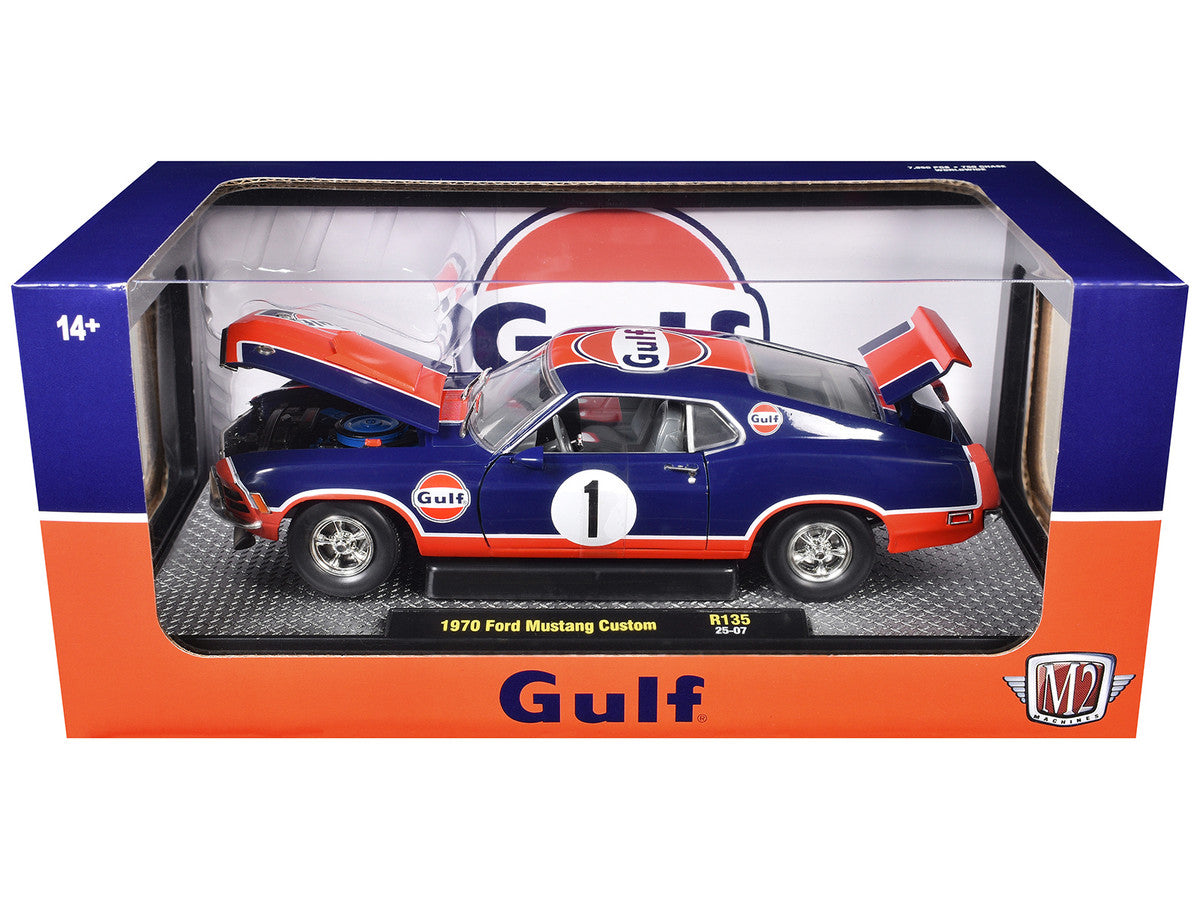 1970 Ford Mustang Custom #1 "Gulf Oil" Dark Blue with Orange Graphics Limited Edition to 7850 pieces Worldwide 1/24 Diecast Model Car by M2 Machines-1