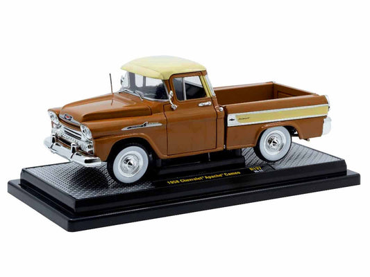 1958 Chevrolet Apache Cameo Pickup Truck Brown with Beige Top Limited Edition to 5250 pieces Worldwide 1/24 Diecast Model Car by M2 Machines-0