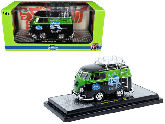 1960 Volkswagen Delivery Van "EMPI Equipped" Black and Green Metallic with Roof Rack and Ladder Limited Edition to 4050 pieces Worldwide 1/24 Diecast Model Car by M2 Machines-0