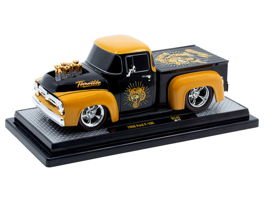 1956 Ford F-100 Pickup Truck "Throttle" Black with Brown Top and Fenders with Graphics Limited Edition to 6250 pieces Worldwide 1/24 Diecast Model Car by M2 Machines-0