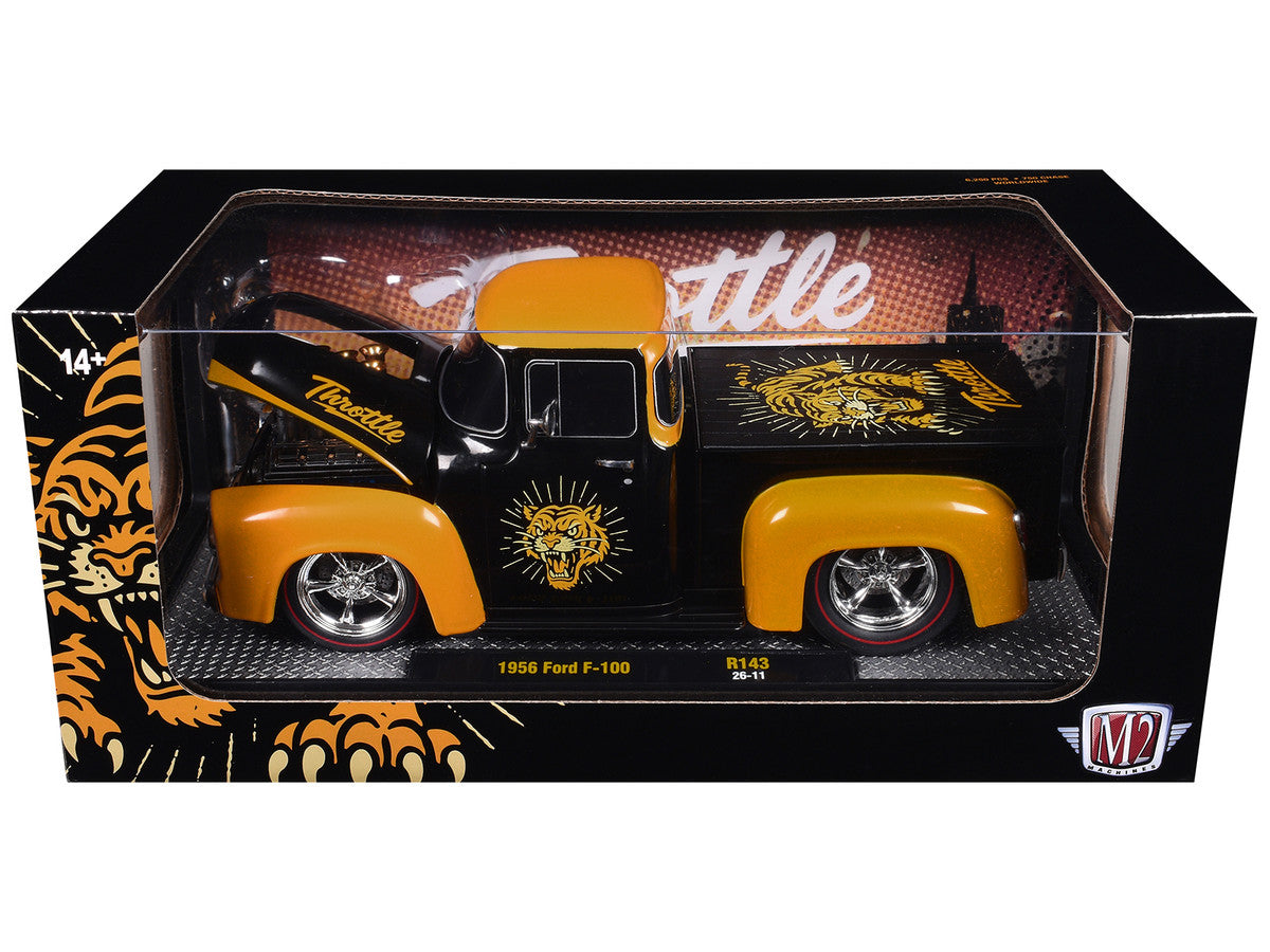 1956 Ford F-100 Pickup Truck "Throttle" Black with Brown Top and Fenders with Graphics Limited Edition to 6250 pieces Worldwide 1/24 Diecast Model Car by M2 Machines-1