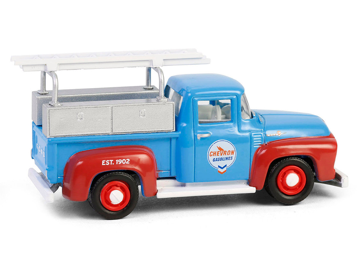 1956 Ford F-100 Pickup Truck with Tool Boxes and Ladders "Chevron" Blue and Red "Chevron Special Edition" Series 1 1/64 Diecast Model Car by Greenlight-2