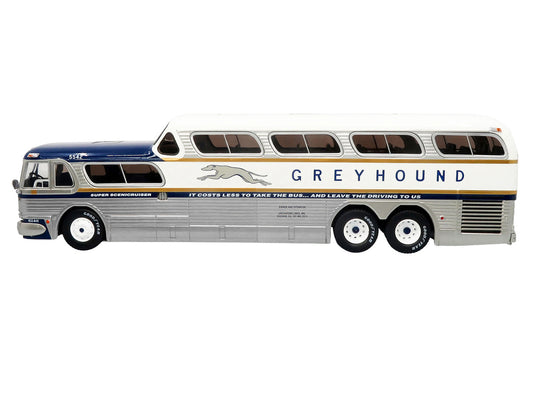 GM PD-4501 Scenicruiser Coach Bus "Greyhound Bus Lines - 50th Anniversary" Raw Metal with Blue and White Top and Gold Stripes "The Bus & Motorcoach Collection" 1/43 Plastic Model by Iconic Replicas-0