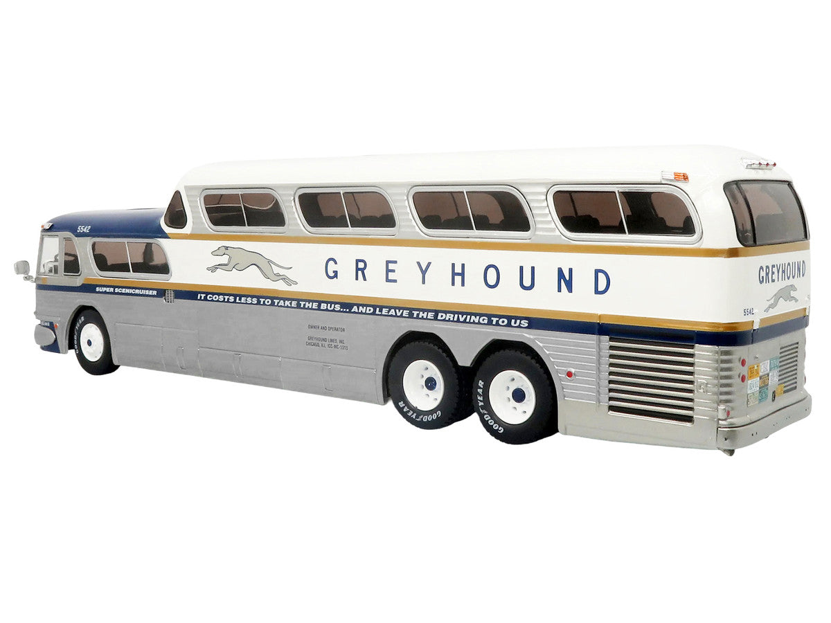 GM PD-4501 Scenicruiser Coach Bus "Greyhound Bus Lines - 50th Anniversary" Raw Metal with Blue and White Top and Gold Stripes "The Bus & Motorcoach Collection" 1/43 Plastic Model by Iconic Replicas-1