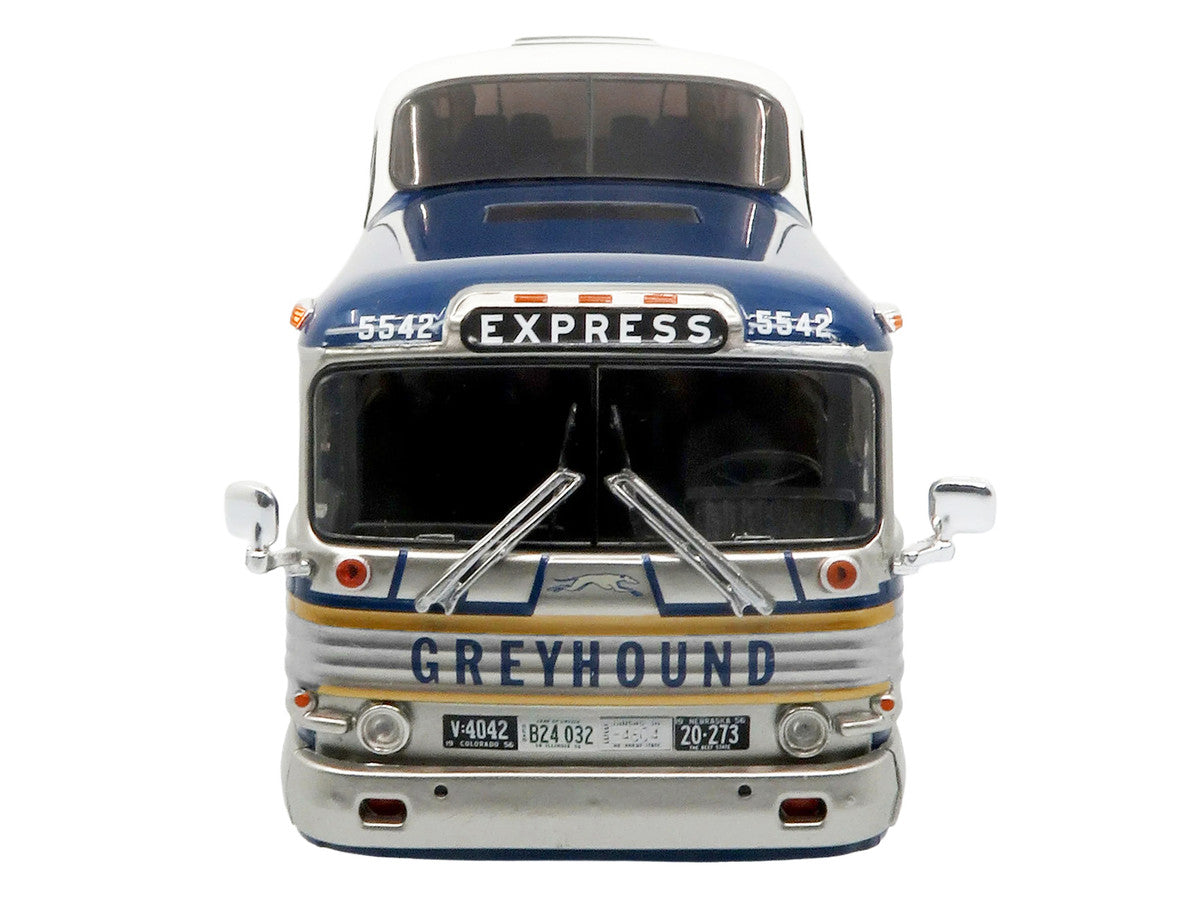 GM PD-4501 Scenicruiser Coach Bus "Greyhound Bus Lines - 50th Anniversary" Raw Metal with Blue and White Top and Gold Stripes "The Bus & Motorcoach Collection" 1/43 Plastic Model by Iconic Replicas-2