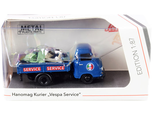 Hanomag Kurier Transporter "Vespa Service" Blue with 2 Vespas (Green and Cream) 1/87 (HO) Diecast Models by Schuco-0