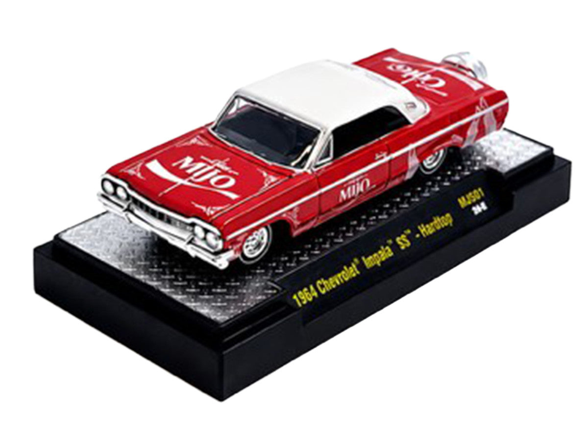 1964 Chevrolet Impala SS Lowrider "Coca Cola" Red with White Top and Graphics Limited Edition to 9340 pieces Worldwide 1/64 Diecast Model Car by M2 Machines-1