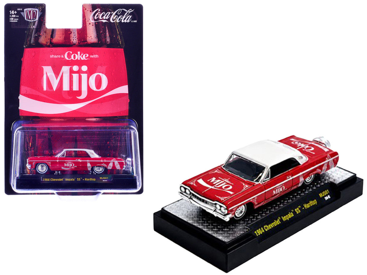1964 Chevrolet Impala SS Lowrider "Coca Cola" Red with White Top and Graphics Limited Edition to 9340 pieces Worldwide 1/64 Diecast Model Car by M2 Machines-0