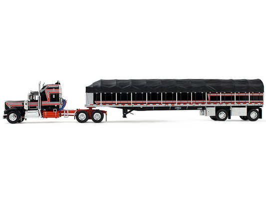Kenworth W900A with 60" Aerodyne Sleeper and 53’ Wilson Roadbrute Flatbed Trailer with Covered Wagon Black with Red Stripes 1/64 Diecast Model by DCP/First Gear-0