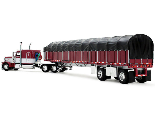 Peterbilt 389 with 63" Flat Top Sleeper and 53’ Wilson Roadbrute Flatbed Trailer with Covered Wagon Maroon with White Stripes 1/64 Diecast Model by DCP/First Gear-0