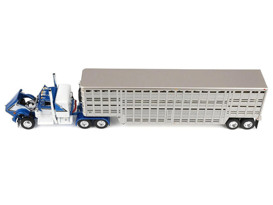 Kenworth W900A with 36" Sleeper and 45' Wilson Vintage Livestock Trailer Mariner Blue and White with Silver Trailer 1/64 Diecast Model by DCP/First Gear-0