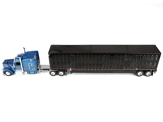 Peterbilt 589 with 72" Mid-Roof Sleeper and Wilson Silverstar Livestock Trailer Bright Blue with Black Stripes and Trailer 1/64 Diecast Model by DCP/First Gear-0