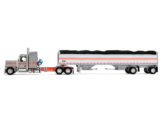 Peterbilt 589 with 58" Mid-Roof Sleeper and 50' Wilson Pacesetter Grain Trailer Silver Metallic with Orange Stripes 1/64 Diecast Model by DCP/First Gear-0