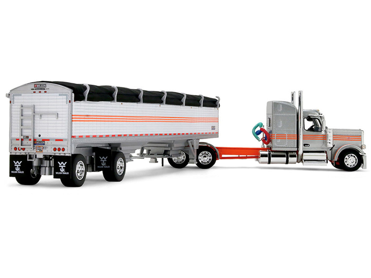 Peterbilt 589 with 58" Mid-Roof Sleeper and 50' Wilson Pacesetter Grain Trailer Silver Metallic with Orange Stripes 1/64 Diecast Model by DCP/First Gear-2