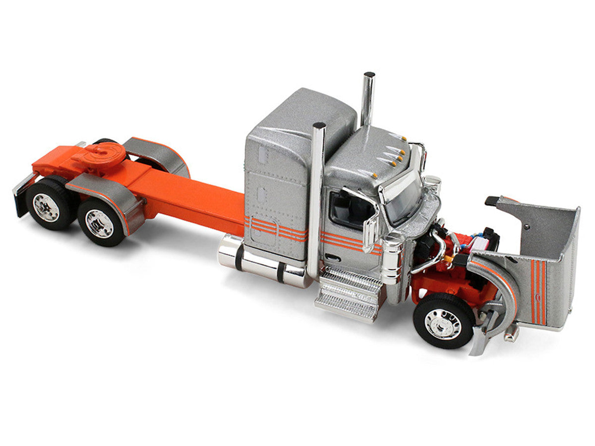 Peterbilt 589 with 58" Mid-Roof Sleeper and 50' Wilson Pacesetter Grain Trailer Silver Metallic with Orange Stripes 1/64 Diecast Model by DCP/First Gear-1