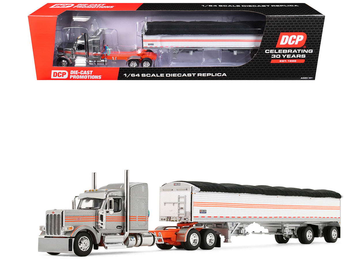 Peterbilt 589 with 58" Mid-Roof Sleeper and 50' Wilson Pacesetter Grain Trailer Silver Metallic with Orange Stripes 1/64 Diecast Model by DCP/First Gear-3