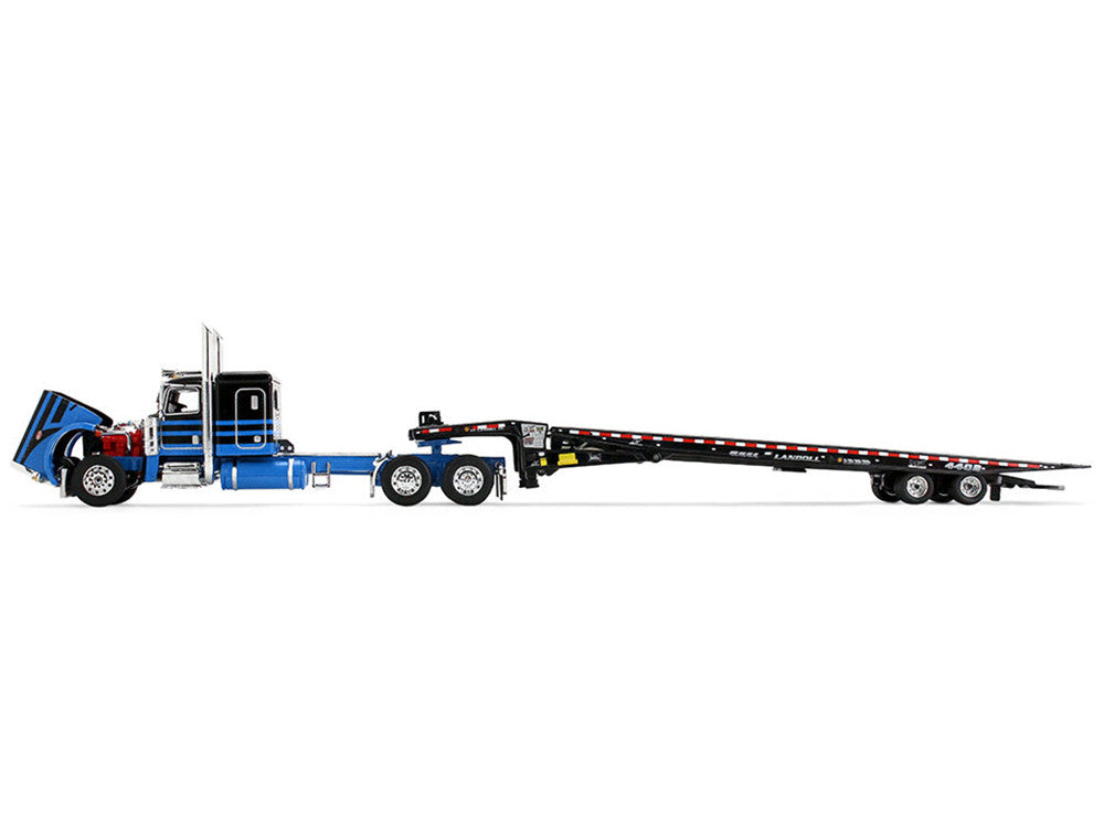 Peterbilt 389 with 48" Flat Top Sleeper and Landoll 440B-50CA Traveling Axle Trailer Black with Blue Stripes 1/64 Diecast Model by DCP/First Gear-2