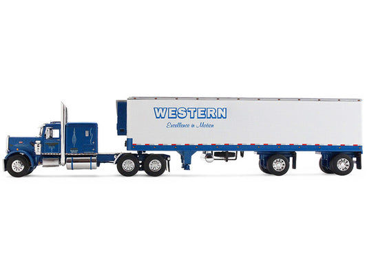 Peterbilt 351 with 63" Flat Top Sleeper and 40' Vintage Trailer with Reefer "Western Distributing" Blue Metallic and White 1/64 Diecast Model by DCP/First Gear-0