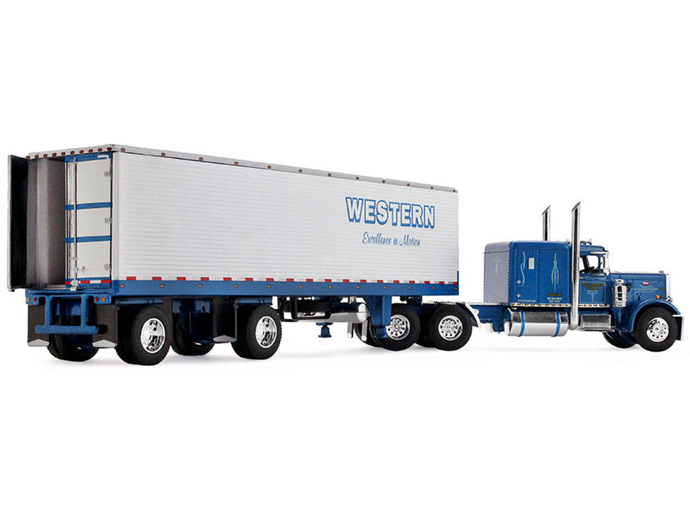 Peterbilt 351 with 63" Flat Top Sleeper and 40' Vintage Trailer with Reefer "Western Distributing" Blue Metallic and White 1/64 Diecast Model by DCP/First Gear-1