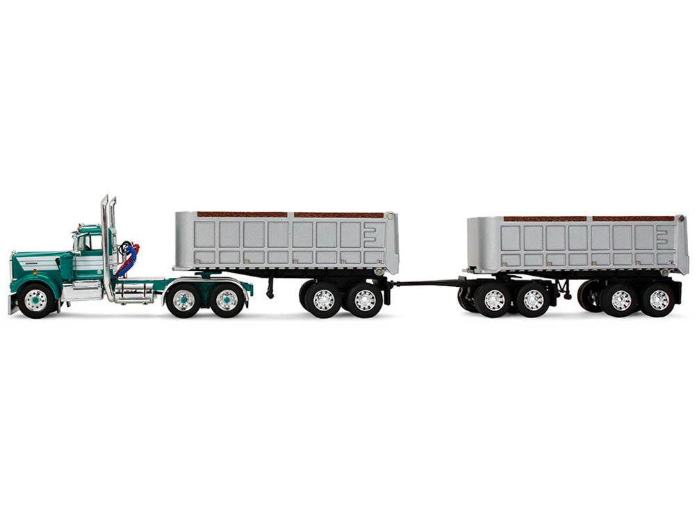 Kenworth W900A Day Cab with 22' Dual End Dump Trailers Turquoise with White Stripes 1/64 Diecast Model by DCP/First Gear-0