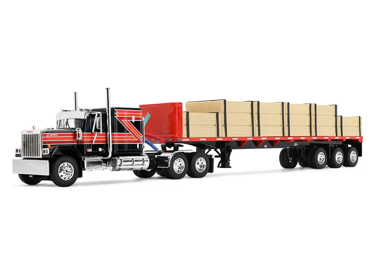 GMC General with 60" Flat Top Sleeper & 48' Utility Flatbed Trailer with Lumber Load Black with Red Stripes 1/64 Diecast Model by First Gear-1