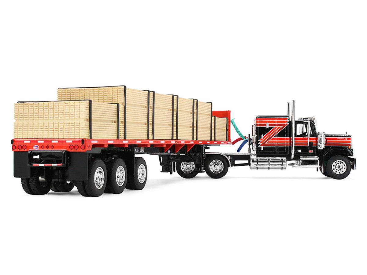 GMC General with 60" Flat Top Sleeper & 48' Utility Flatbed Trailer with Lumber Load Black with Red Stripes 1/64 Diecast Model by First Gear-3