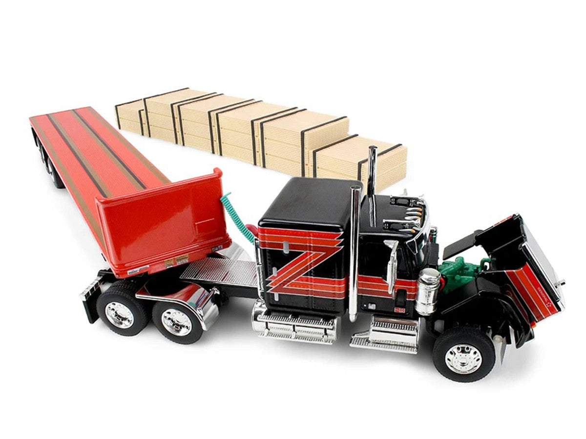 GMC General with 60" Flat Top Sleeper & 48' Utility Flatbed Trailer with Lumber Load Black with Red Stripes 1/64 Diecast Model by First Gear-4