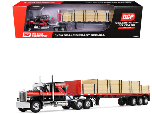 GMC General with 60" Flat Top Sleeper & 48' Utility Flatbed Trailer with Lumber Load Black with Red Stripes 1/64 Diecast Model by First Gear-0