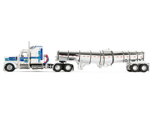 Kenworth W900L with 60" Aerodyne Sleeper and Polar Deep Drop Trailer White with Blue and Green Stripes 1/64 Diecast Model by DCP/First Gear-0