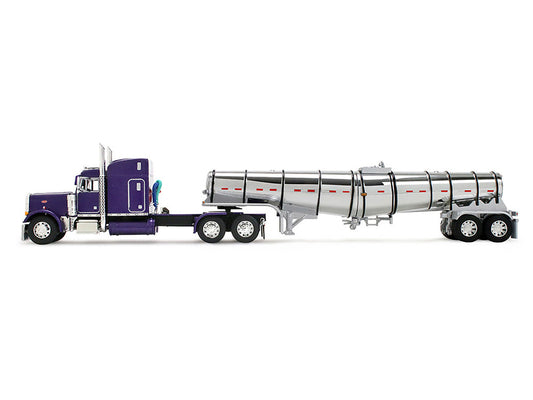 Peterbilt 379 with 63" Mid-Roof Sleeper and Polar Deep Drop Trailer Wild Orchid Purple with Black Stripes 1/64 Diecast Model by DCP/First Gear-0