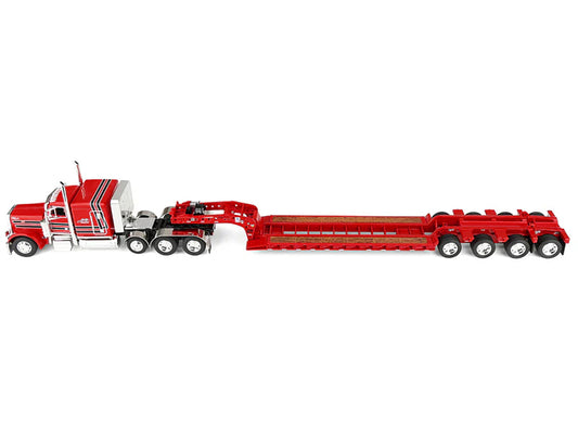 Peterbilt 379 with 63" Flat Top Sleeper and Fontaine Magnitude Lowboy Trailer with Fliptail "Anty Trucking & Rigging" Red with Black Stripes 1/64 Diecast Model by DCP/First Gear-0