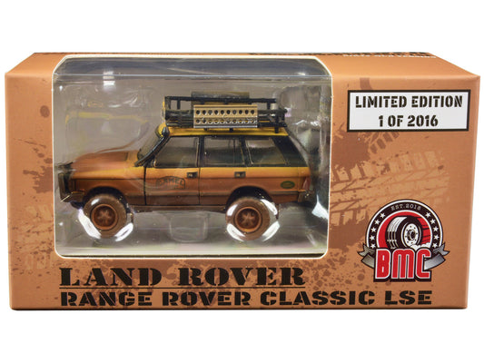 Land Rover Range Rover Classic LSE RHD (Right Hand Drive) "Camel Trophy" Yellow (Dirty Mud Version) with Roof Rack Extra Wheels and Accessories Limited Edition to 2016 pieces Worldwide 1/64 Diecast Model Car by BM Creations-0