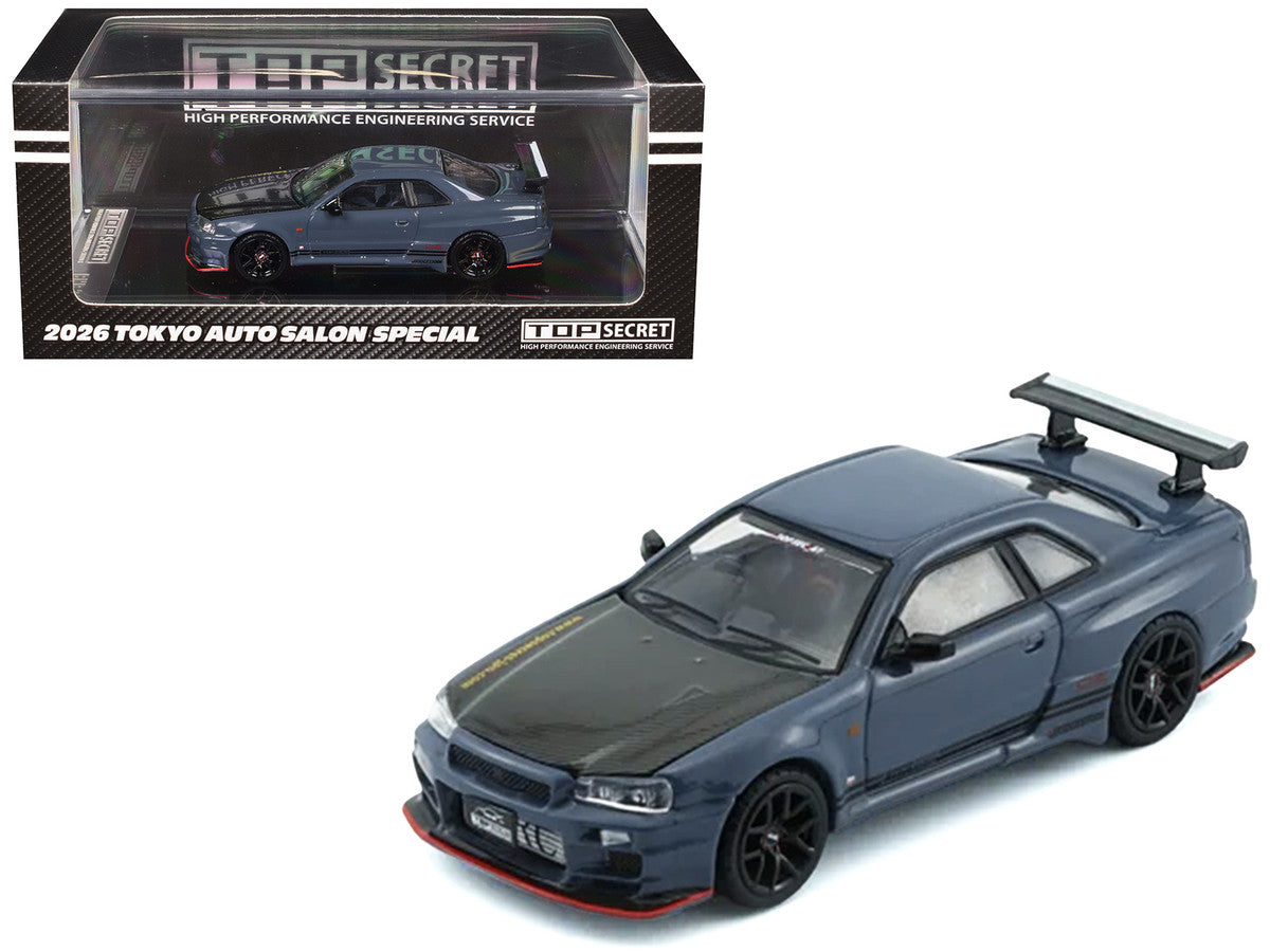 Nissan "Top Secret" Skyline GT-R (BNR34) RHD (Right Hand Drive) Stealth Gray with Carbon Hood "Tokyo Auto Salon 2026" 1/64 Diecast Model Car by BM Creations-4