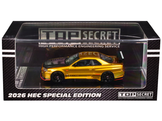Nissan "Top Secret" Skyline GT-R (BNR34) RHD (Right Hand Drive) Gold Metallic with Carbon Hood "Hobby Expo China 2026" 1/64 Diecast Model Car by BM Creations-0
