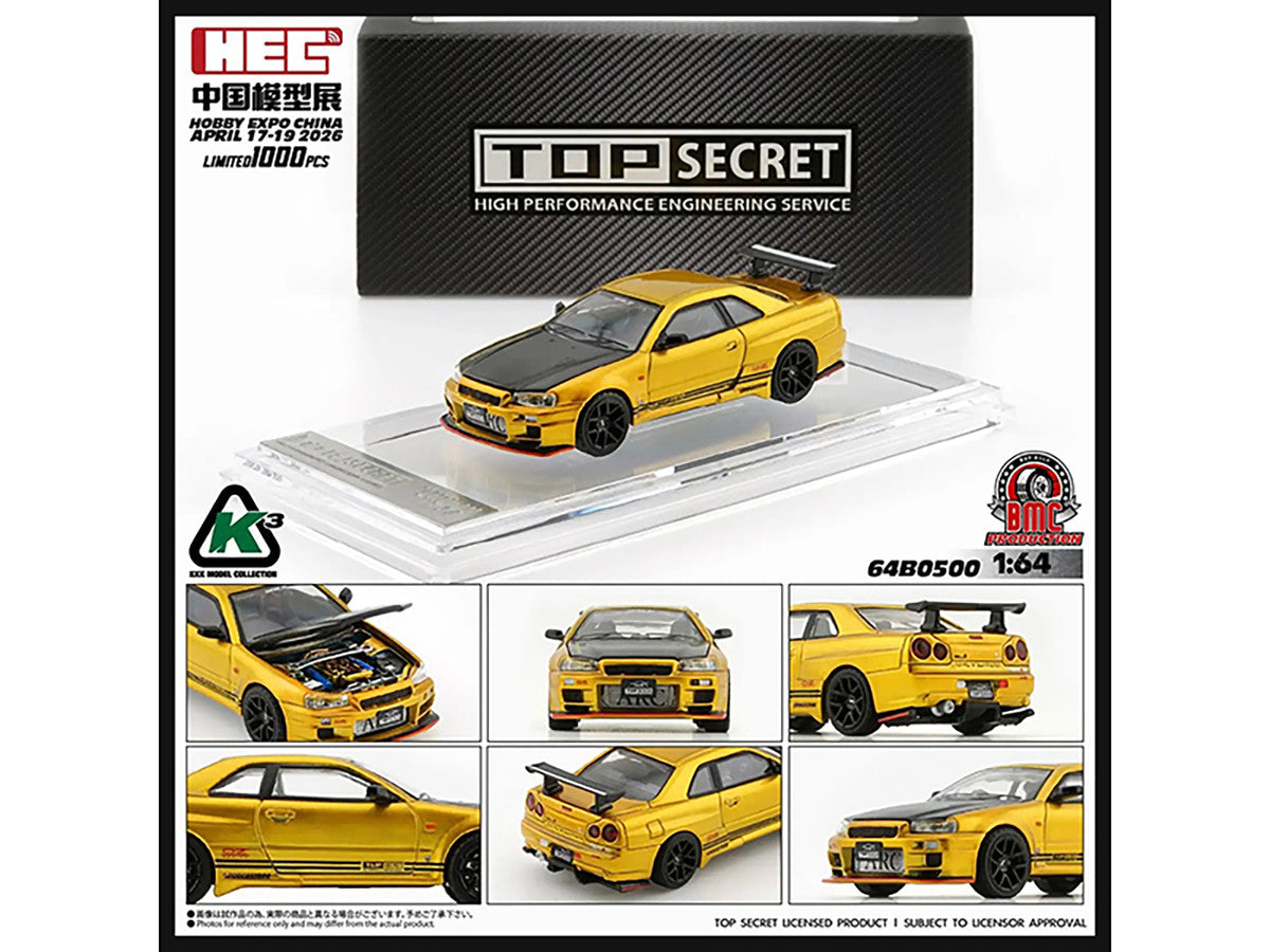 Nissan "Top Secret" Skyline GT-R (BNR34) RHD (Right Hand Drive) Gold Metallic with Carbon Hood "Hobby Expo China 2026" 1/64 Diecast Model Car by BM Creations-1
