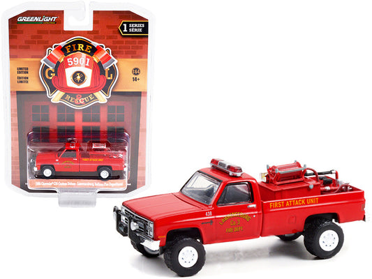 1986 Chevrolet C20 Custom Deluxe Pickup Truck Red First Attack Unit Fire Equipment and Hose and Tank "Lawrenceburg Fire Department" (Indiana) "Fire & Rescue" Series 1 1/64 Diecast Model Car by Greenlight-0