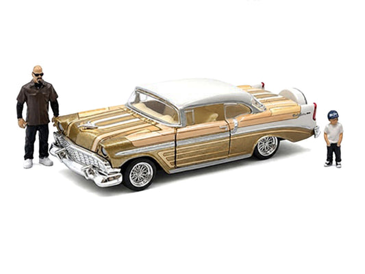 1956 Chevrolet Bel Air Lowrider Gold Metallic with Gold Interior and White Top with 2 Figures Limited Edition to 4400 pieces Worldwide 1/64 Diecast Model Car by M2 Machines-0