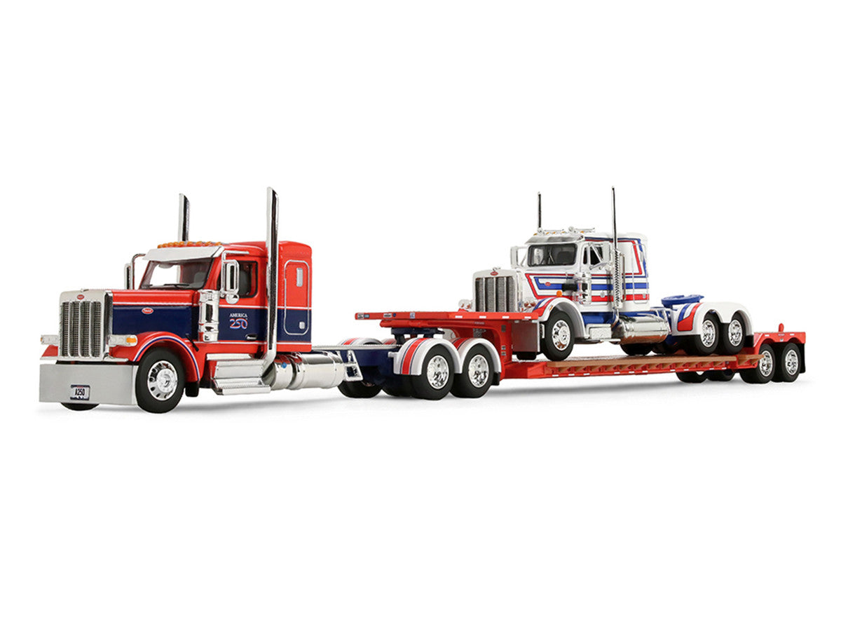 Peterbilt 589 with 44" Flat Top Sleeper Red with Blue Stripes and Fontaine Renegade LXT40 Lowboy Trailer with Peterbilt 359 Load White with Blue and Red Stripes "America 250" 1/64 Diecast Model by DCP/First Gear-1