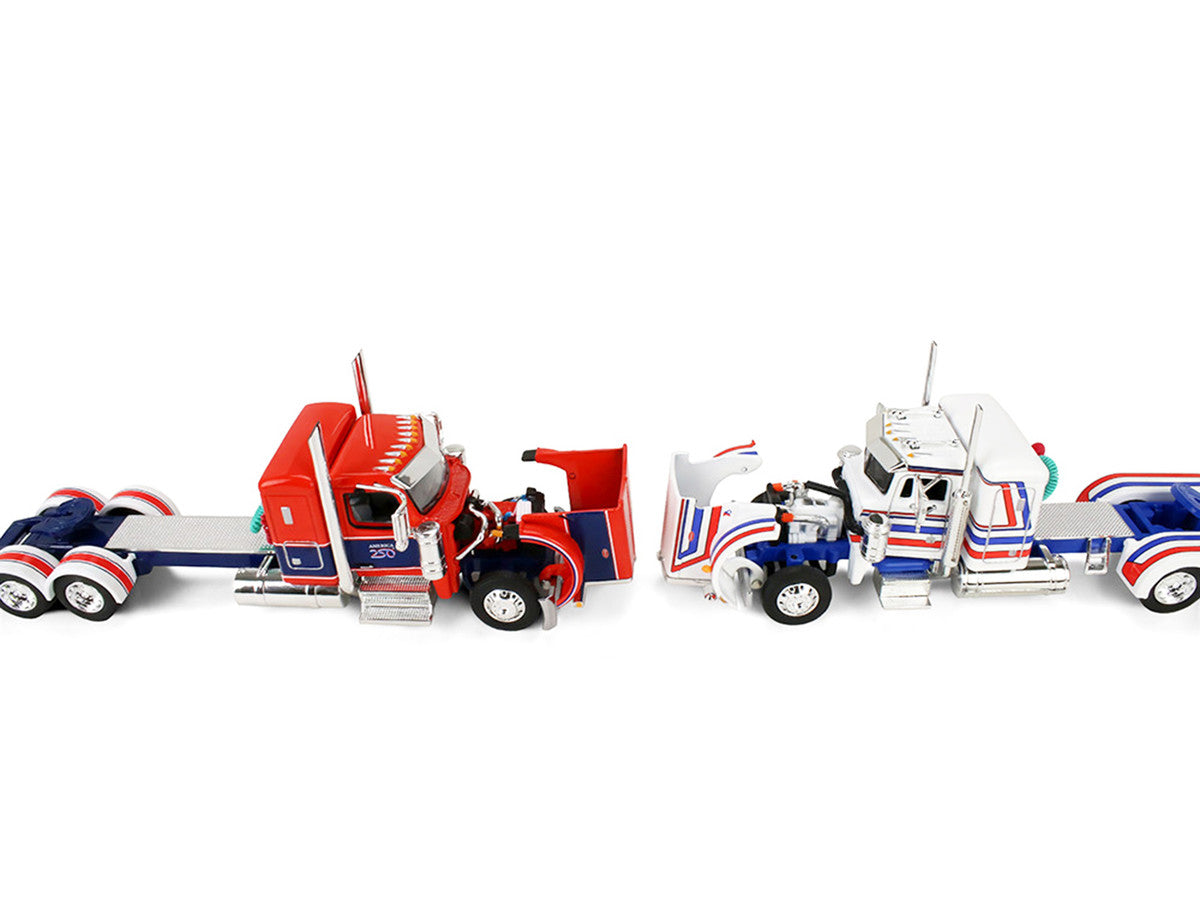 Peterbilt 589 with 44" Flat Top Sleeper Red with Blue Stripes and Fontaine Renegade LXT40 Lowboy Trailer with Peterbilt 359 Load White with Blue and Red Stripes "America 250" 1/64 Diecast Model by DCP/First Gear-2