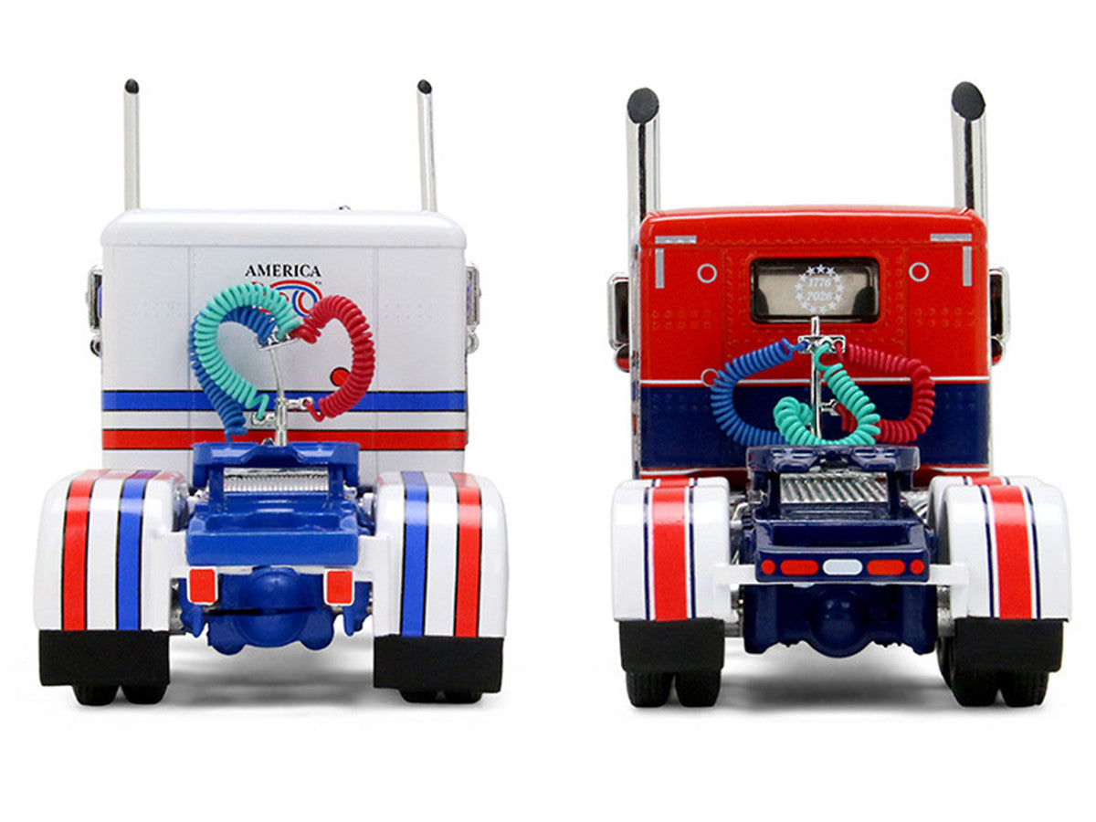 Peterbilt 589 with 44" Flat Top Sleeper Red with Blue Stripes and Fontaine Renegade LXT40 Lowboy Trailer with Peterbilt 359 Load White with Blue and Red Stripes "America 250" 1/64 Diecast Model by DCP/First Gear-3