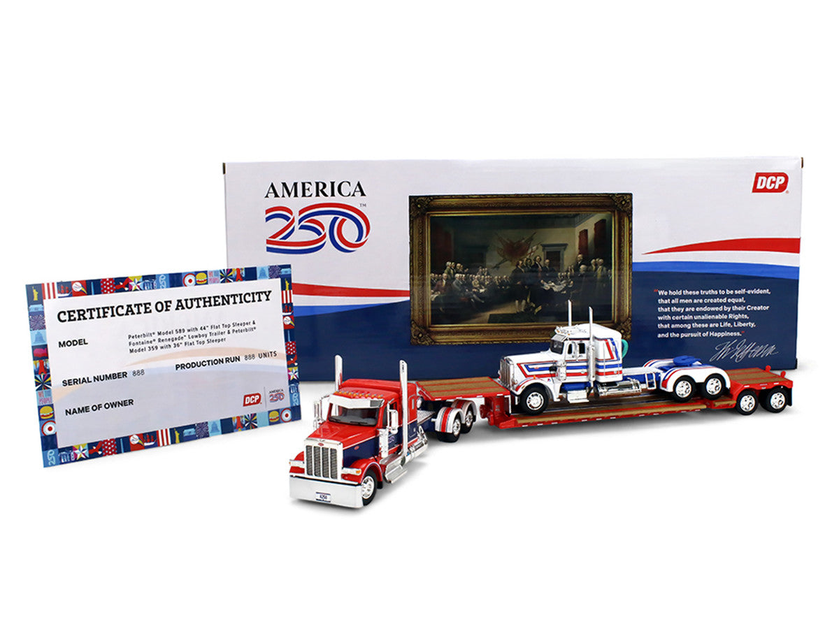 Peterbilt 589 with 44" Flat Top Sleeper Red with Blue Stripes and Fontaine Renegade LXT40 Lowboy Trailer with Peterbilt 359 Load White with Blue and Red Stripes "America 250" 1/64 Diecast Model by DCP/First Gear-4