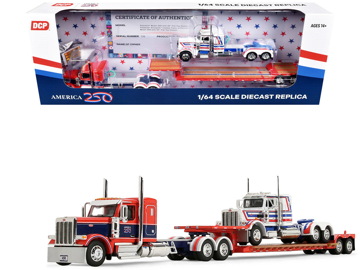 Peterbilt 589 with 44" Flat Top Sleeper Red with Blue Stripes and Fontaine Renegade LXT40 Lowboy Trailer with Peterbilt 359 Load White with Blue and Red Stripes "America 250" 1/64 Diecast Model by DCP/First Gear-0