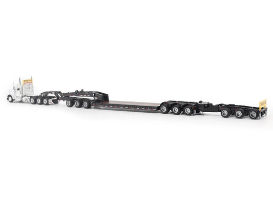 Peterbilt 589 Tridem-Axle Truck Tractor with Day Cab and Trail King TK170 Hydraulic Detachable Gooseneck Lowboy Trailer with Jeep and Booster White "Transport Series" 1/64 Diecast Model by Diecast Masters-0