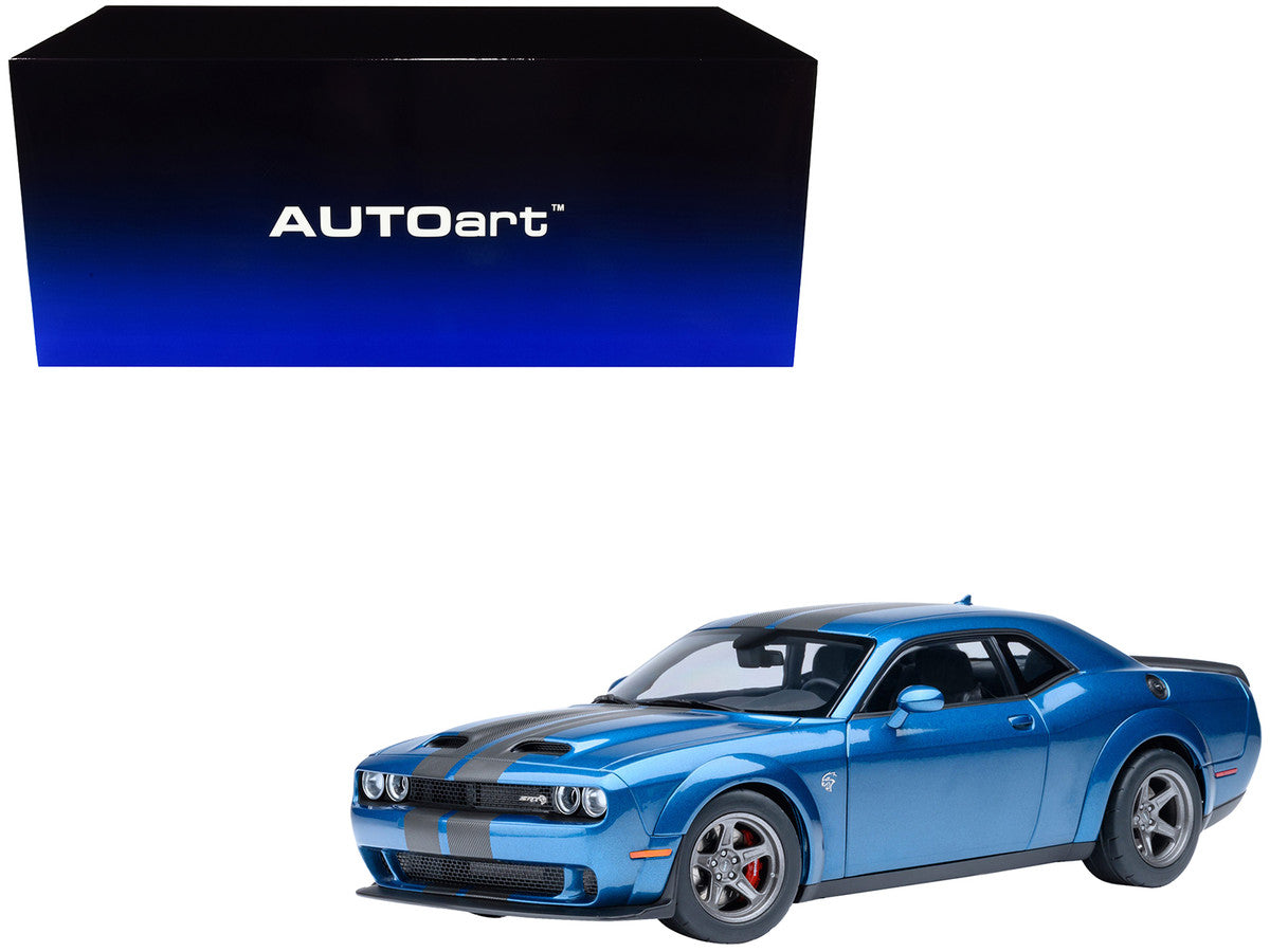 2023 Dodge Challenger SRT Super Stock Frostbite Blue Metallic with Carbon Stripes 1/18 Model Car by Autoart-4